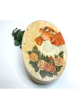 Hand-Painted Wooden Oval Storage Box Folk Art Victorian Lady Roses 1993